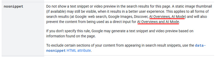 Using nosnippet can hep site owners remove content from Google's AI Overviews.