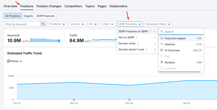 How to view featured snippets trending and queries in Semrush.
